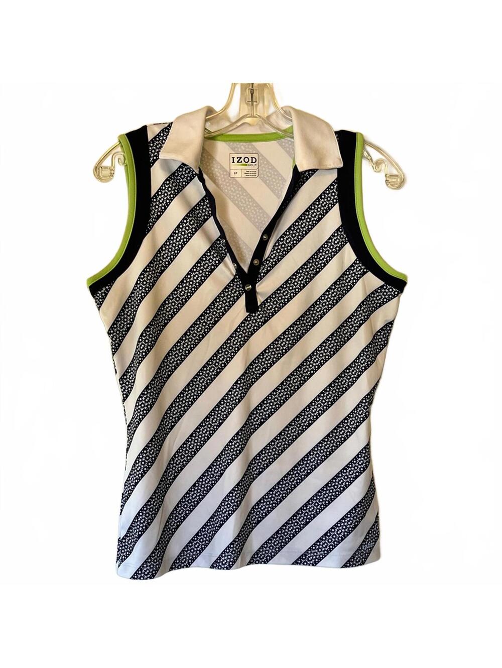 IZOD Women's Navy and White Striped Sleeveless Polo Green Accents